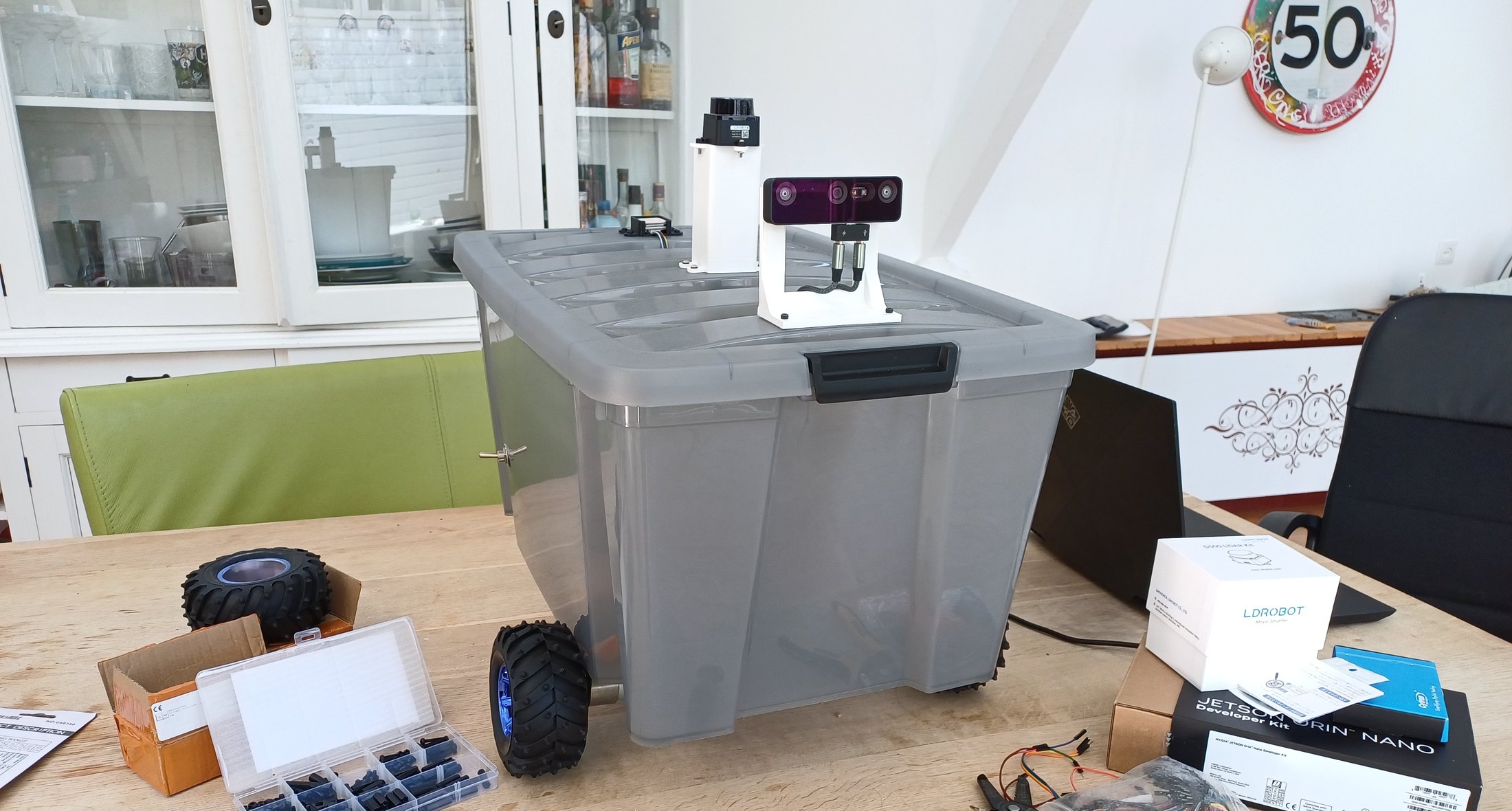 Hydrogen 1 on the bench with its stereo camera and LiDAR mast fitted