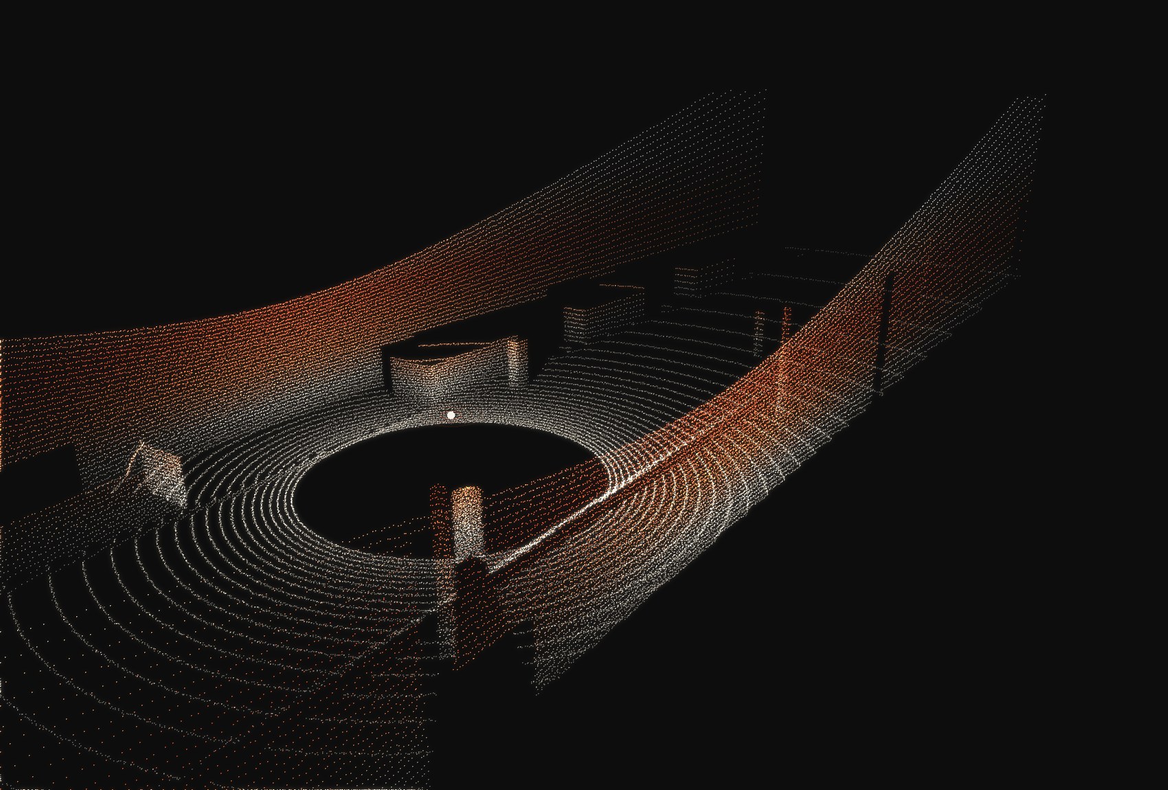A rendered 3D LiDAR point cloud of a street, coloured by height