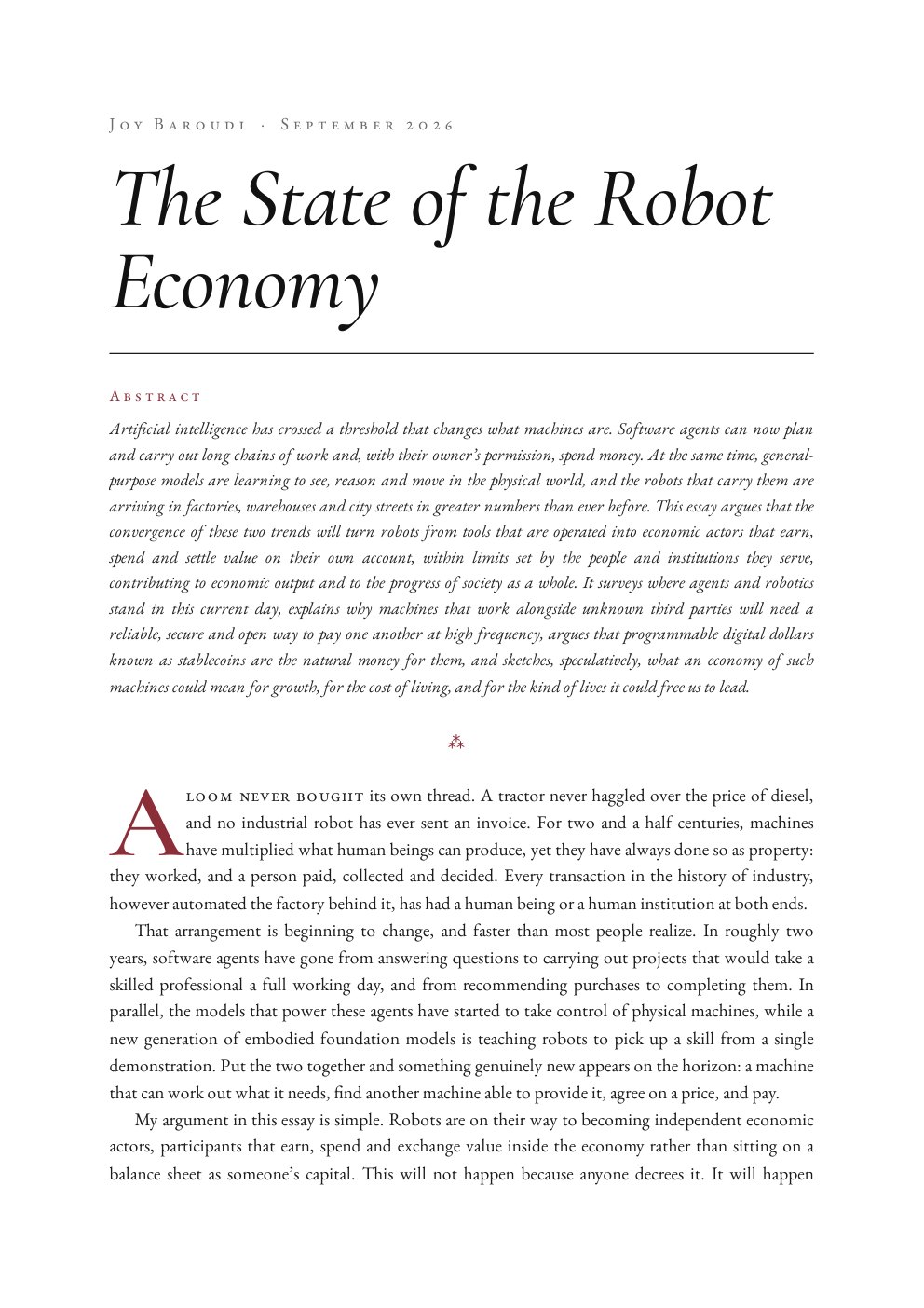 Cover page of the essay, The State of the Robot Economy