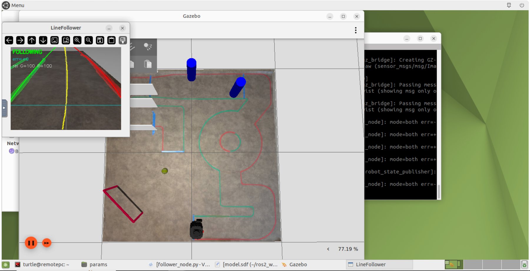 The full working desktop: Gazebo, the follower overlay and several terminals