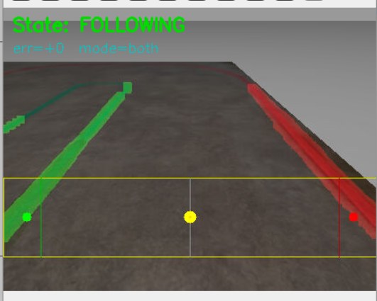 Debug overlay showing both lane colours detected with the sampling band drawn