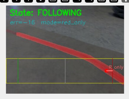 Debug overlay showing state FOLLOWING with only the red line detected